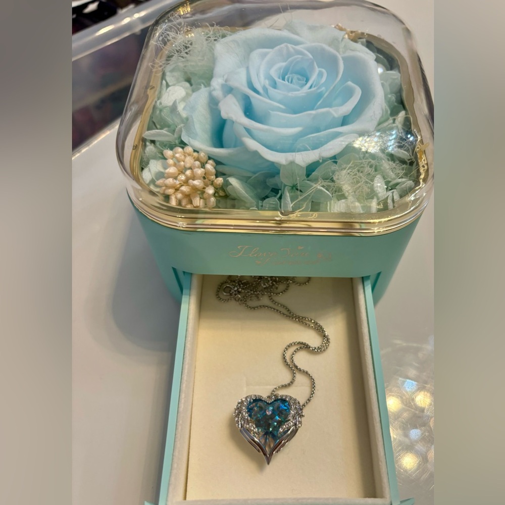 Preserved Light Blue Rose with Light Blue Necklace Gifts for Women *Mom #110